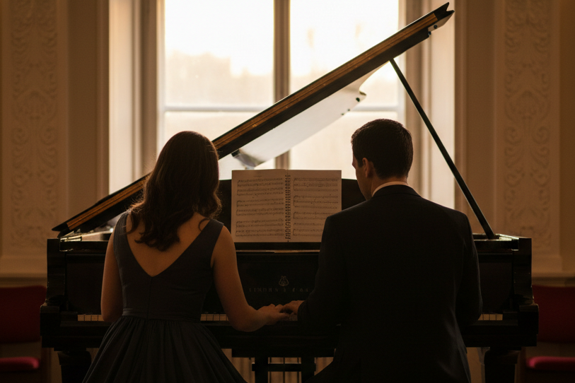 un homme et une femme qui sont de dos et qui jouent du paino