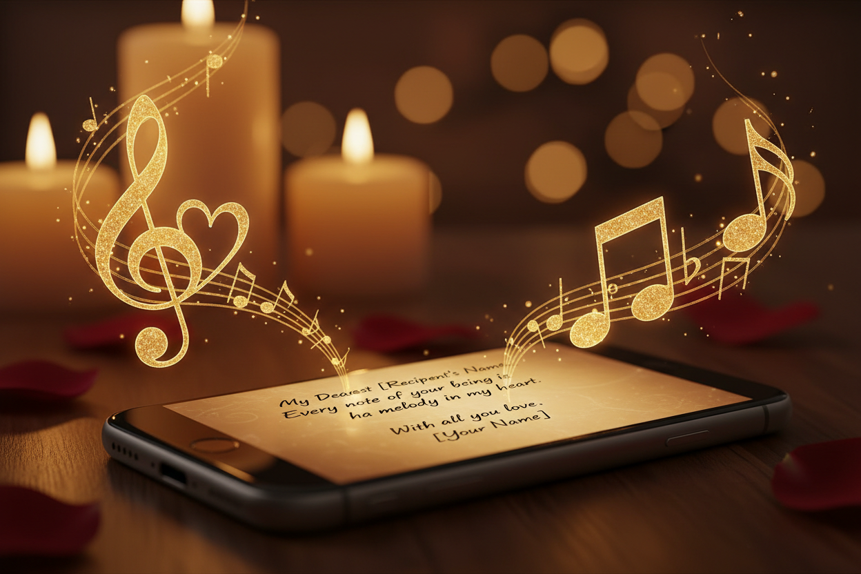 une lettre d'amour qui est sur un téléphone et qui a 2 melodie autour